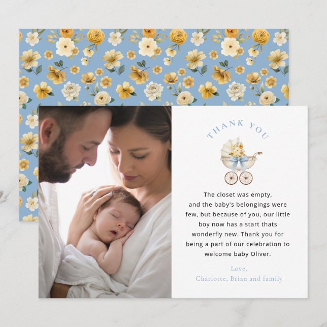 Blue Carriage Photo Baby Shower Thank You Card Tack Kort (Fram/baksida)