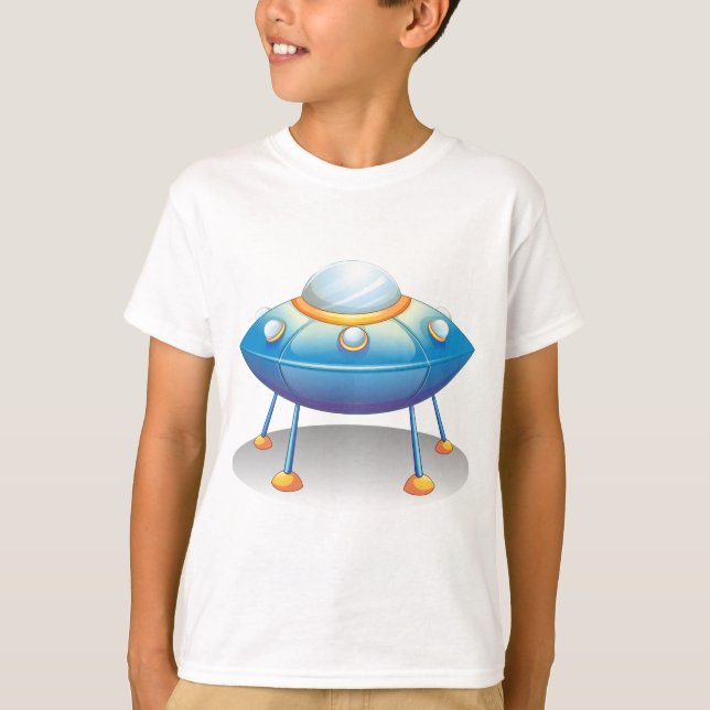 Blue Cartoon UFO Spaceship Fun Sci-Fi T Shirt (Framsida)