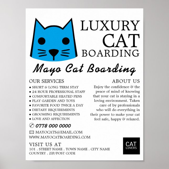 Blue Cat, Cat Boarding, Cattery Advertising Poster (Framsidan)