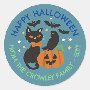 Blue Cat Pumpkin Raven Happy halloween Runt Klistermärke