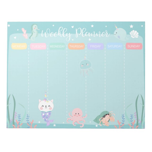 Blue Caticorn Meowmaid Sea Weekly Planner Anteckningsblock (Framsida)
