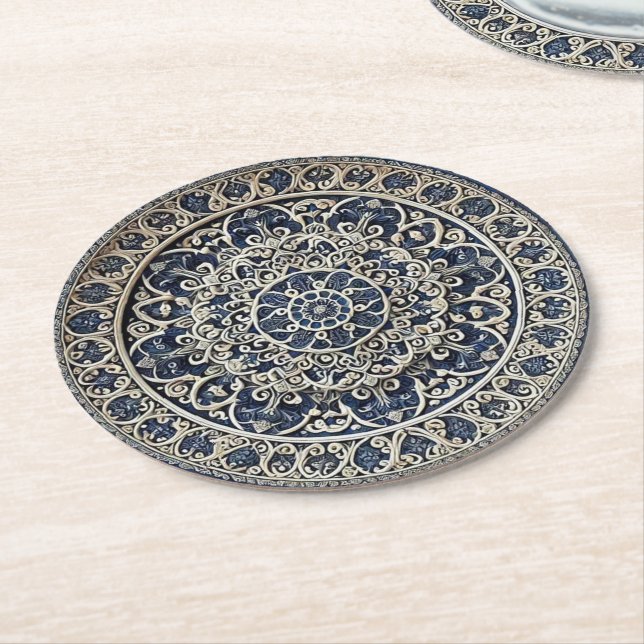 Blue Ceramic Luxury Floral Relief Underlägg Papper Rund (Vinklad)