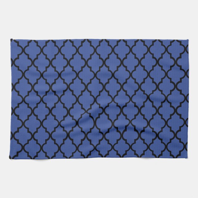 Blue Cerulean & Black Maroccan Trellis Quatrefoil Kökshandduk (Horisontell)