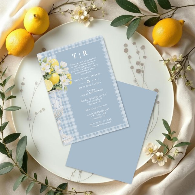 Blue Chalice Vase Mediterranean Lemons & Flowers Inbjudningar (Blue Classic Chalice Vase with Mediterranean Lemons and Flowers Invitation Card Design.)