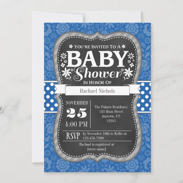 Blue Chalkboard Blommigt Baby Shower Inbjudan (Framsida)