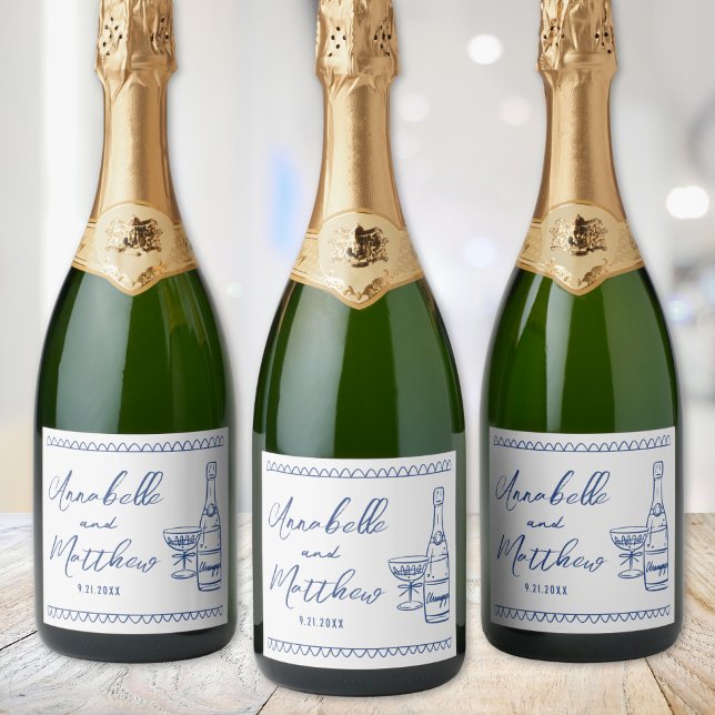 Blue Champagne Hand plockade Bröllop (Blue Champagne Hand Drawn Wedding Sparkling Wine Label )