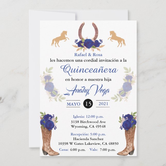 Blue Charro-inbjudan, mexikansk Western inbjudan. Inbjudningar (Framsida)
