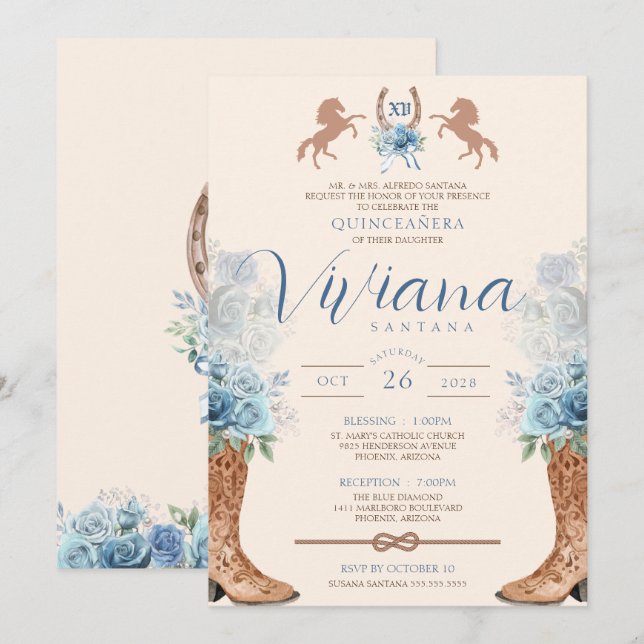 Blue Charro Western Ro Quinceanera Inbjudningar (Fram/baksida)