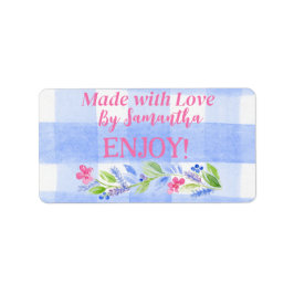 Blue Check Gingham Flowers MADE WITH LOVE H Adressetikett