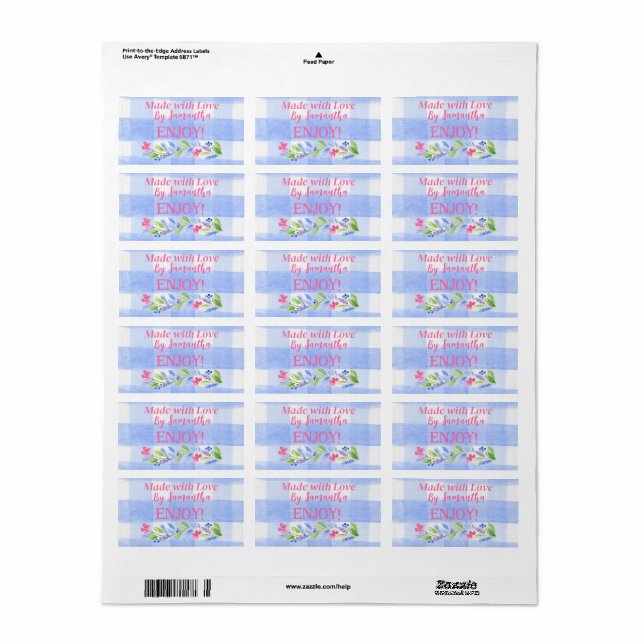 Blue Check Gingham Flowers MADE WITH LOVE H Adressetikett (Helt Ark)