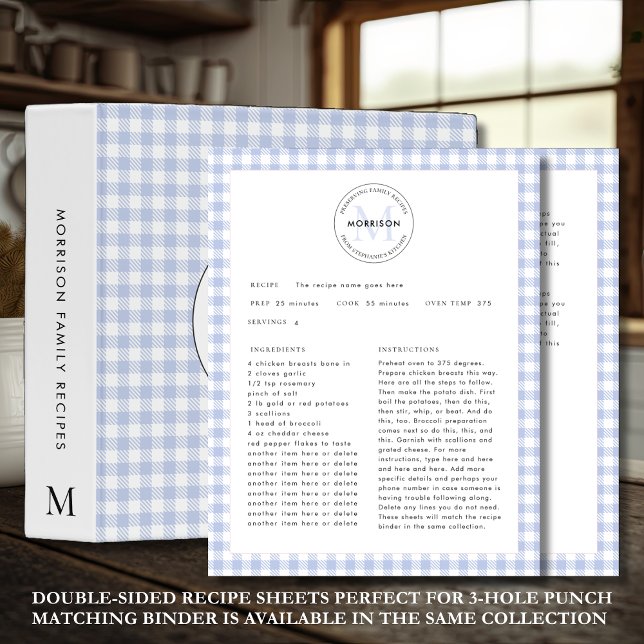 Blue Check Gingham Monogram Family Recipe Lakan (Preserving Family Recipes Blue Check Double-Sided Recipe Sheet Template. Example text will guide you)