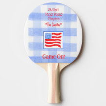 Blue Check Gingham USA Flag Ping Pong Paddle