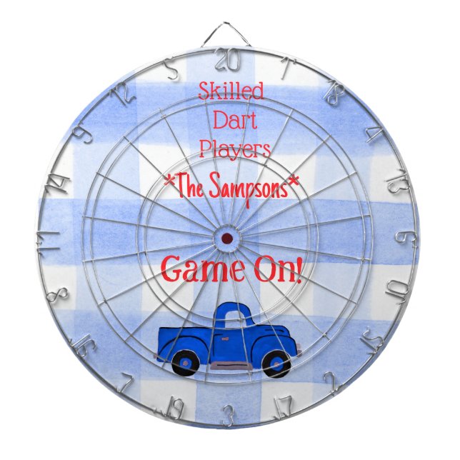 Blue Check Gingham Vintage Blue Truck Darttavla (Framsidan)