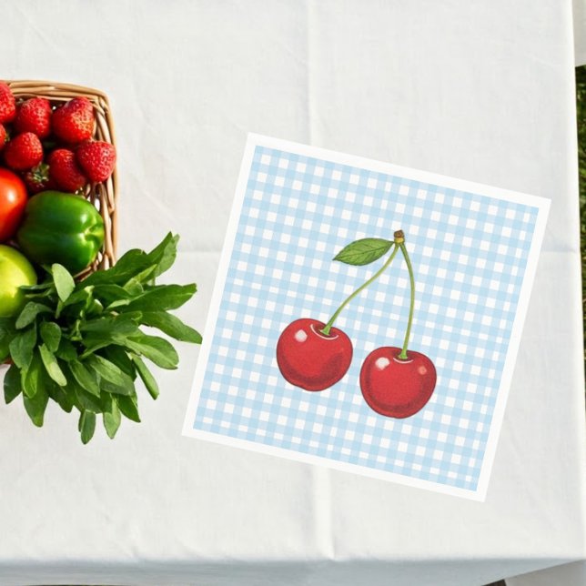 Blue Checked Paper Plates with Cherries for Summer Pappersservett (Skapare uppladdad)