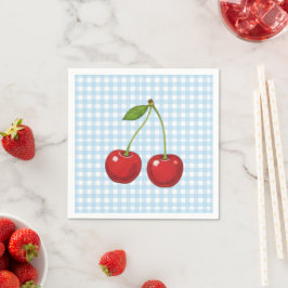 Blue Checked Paper Plates with Cherries for Summer Pappersservett