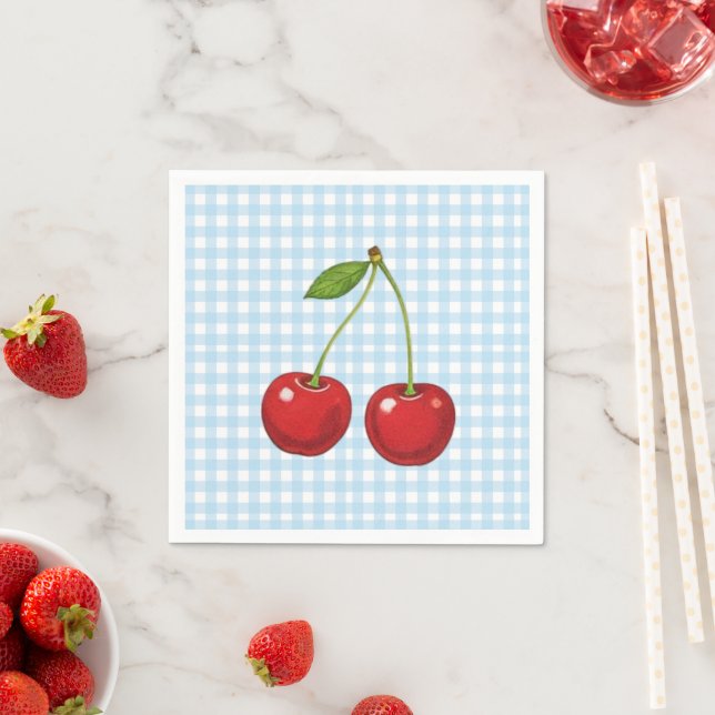 Blue Checked Paper Plates with Cherries for Summer Pappersservett (Insitu)