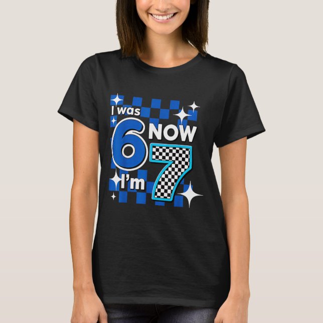 Blue Checkered I Was 6 Now I'm 7 Birthday  T Shirt (Framsida)