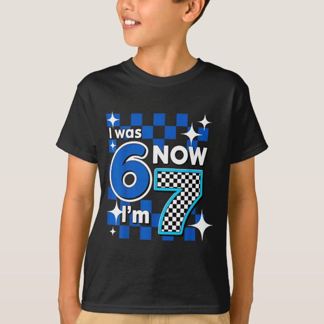 Blue Checkered I Was 6 Now I'm 7 Birthday  T Shirt (Framsida)