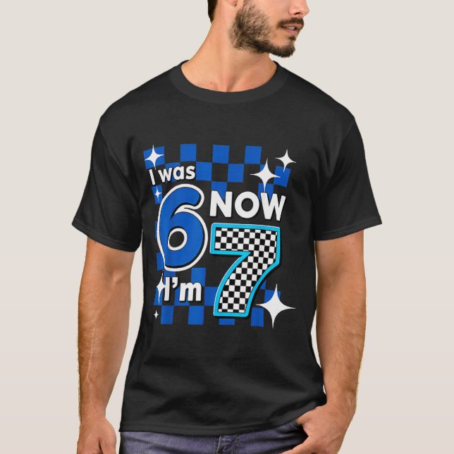 Blue Checkered I Was 6 Now I'm 7 Birthday  T Shirt (Framsida)