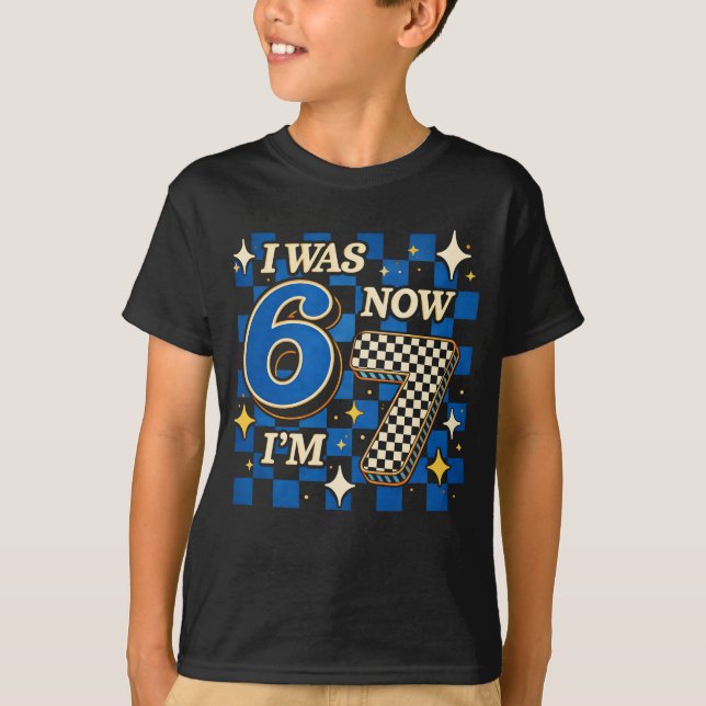 Blue Checkered I was 6 Now I'm 7 Funny 67 T Shirt (Framsida)