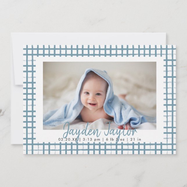 Blue Checkered Mönster Boy Photo Birth Meddelande (Framsida)
