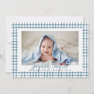 Blue Checkered Mönster Boy Photo Birth Meddelande