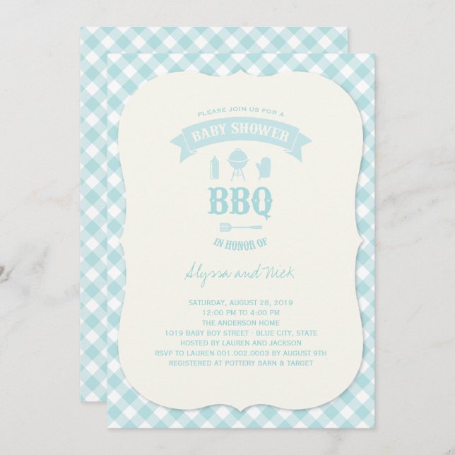 Blue Checks BBQ Boy Baby Shower Summer Party Inbjudningar (Fram/baksida)