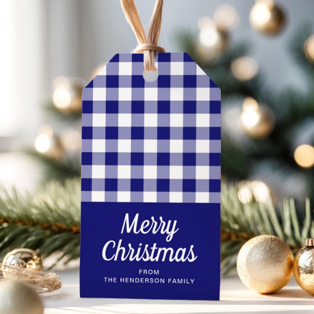 Blue CheckScript-jul Presentetikett (Blue Checked Script Christmas Gift Tags)