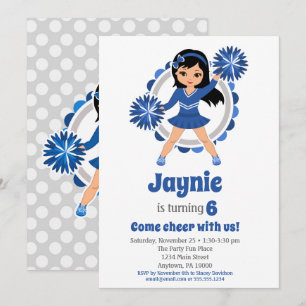 Blue Cheerledare Black Hair Girls Cheer Birthday Inbjudningar