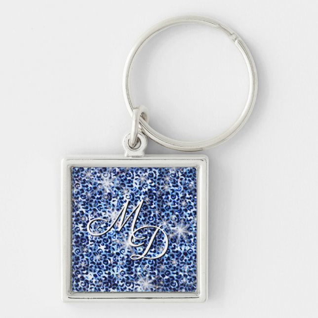 Blue Cheetah Sparkles Monogram Fyrkantig Silverfärgad Nyckelring (Framsidan)