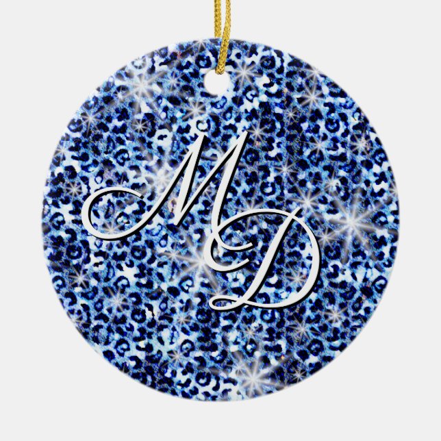 Blue Cheetah Sparkles Monogram Julgransprydnad Keramik (Framsidan)
