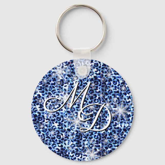Blue Cheetah Sparkles Monogram Nyckelring (Framsida)