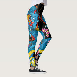 Blue Cherry Blommar Dragon Tattoo in Black Leggings