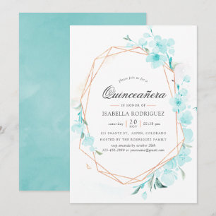 Blue Cherry Blommar Geometric Vår Quinceañera I Inbjudningar