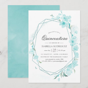 Blue Cherry Blommar Geometric Vår Quinceañera Inbjudningar