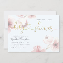 Blue Cherry Blommar Guld Script Blommigt Baby Show Inbjudningar