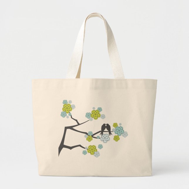 Blue Cherry Blommars Love birds Bröllop Tote Bag Jumbo Tygkasse (Framsidan)