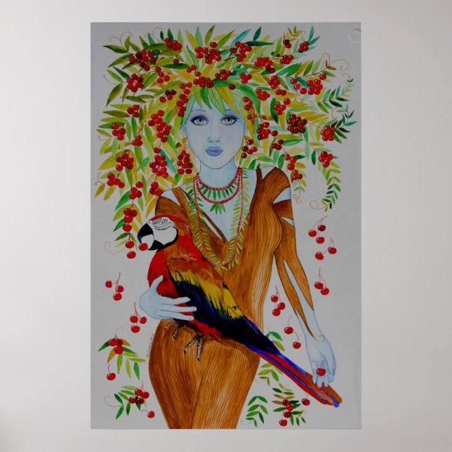 Blue Cherry Träd Woman Poster (Framsidan)
