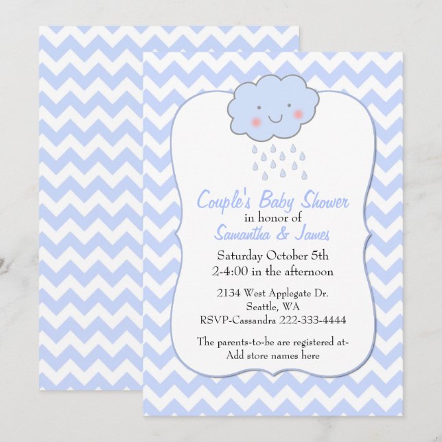 Blue Chevron Couple's Baby Shower-inbjudan Inbjudningar (Fram/baksida)
