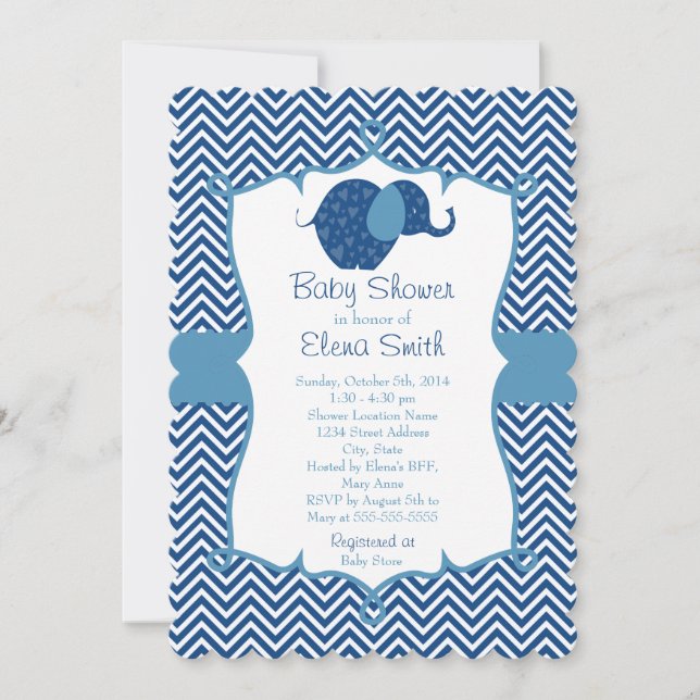 Blue Chevron Elephant Baby Shower Inbjudningar (Framsida)