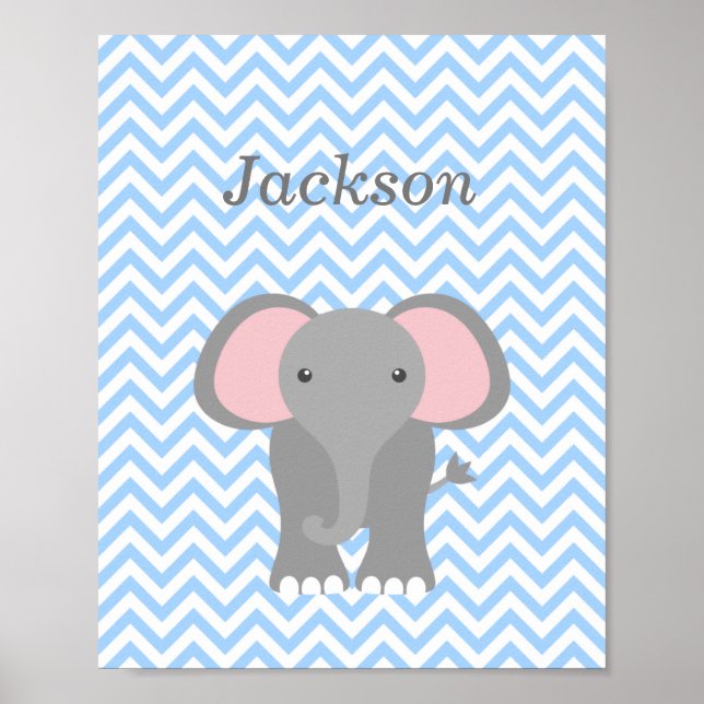Blue Chevron Elephant Personlig Nursery Decor Poster (Framsidan)