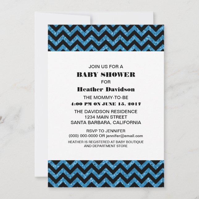 Blue Chevron Glitter Baby Shower Inbjudan (Framsida)