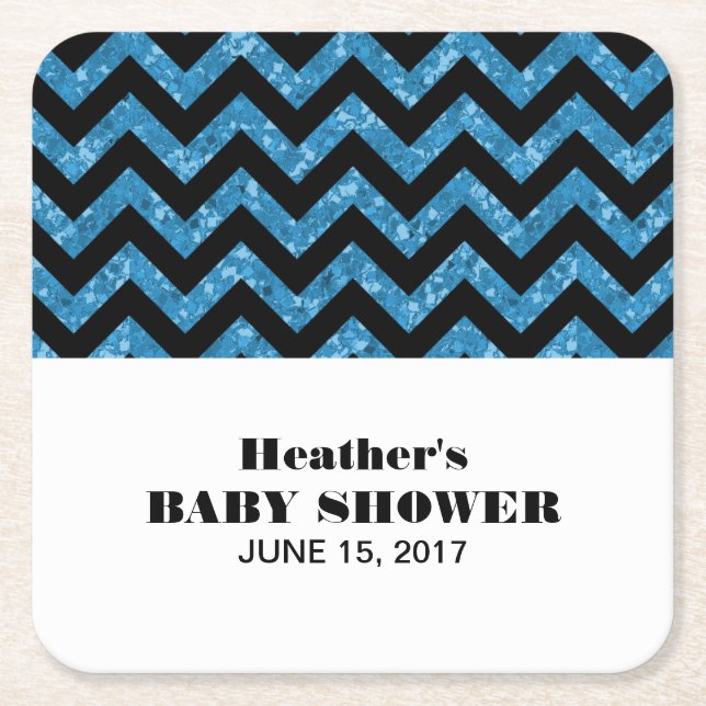 Blue Chevron Glitter Baby Shower Underlägg Papper Kvadrat (Framsidan)