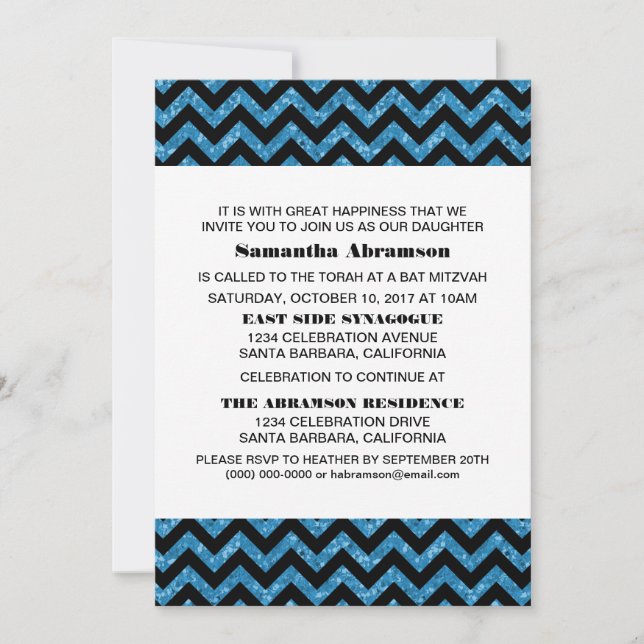 Blue Chevron Glitter Bat mitzvah Inbjudan (Framsida)
