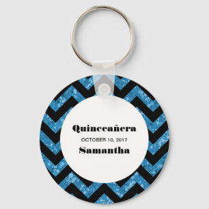 Blue Chevron Glitter Quinceañera Keychain Nyckelring