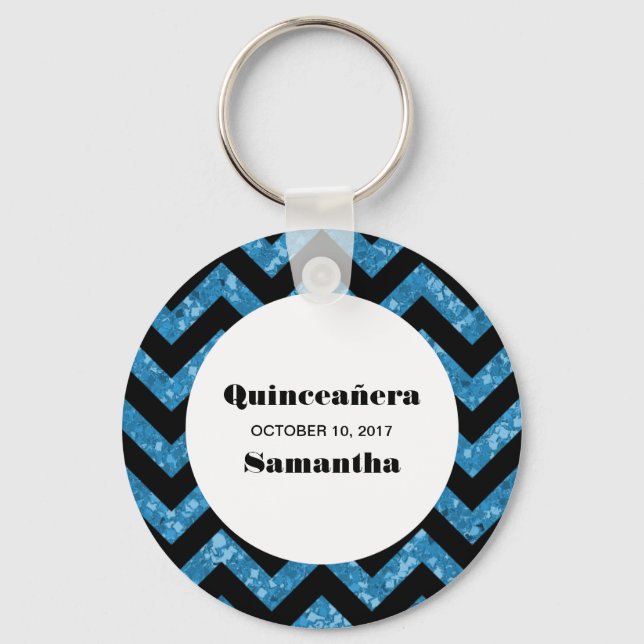 Blue Chevron Glitter Quinceañera Keychain Nyckelring (Framsida)