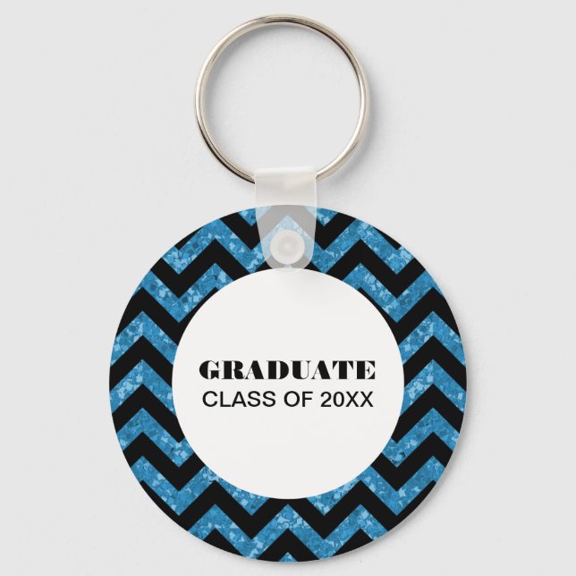 Blue Chevron Glitter Studenten Keychain Nyckelring (Framsida)