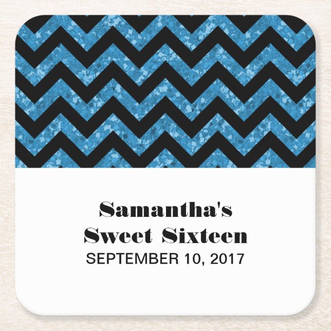 Blue Chevron Glitter Sweet 16 Papper Underlägg Kvadrat (Framsidan)