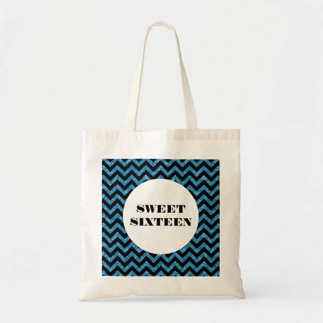 Blue Chevron Glitter Sweet 16 Tote Bag Tygkasse (Framsidan)