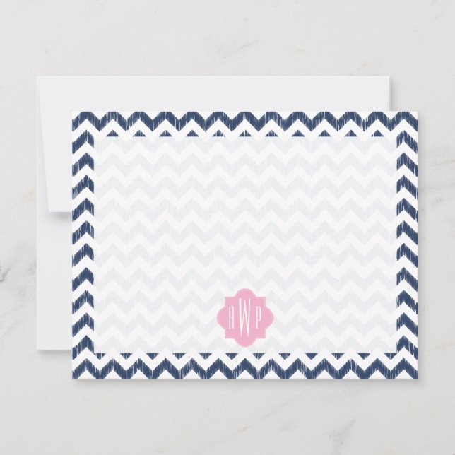 Blue Chevron Ikat Monogrammed Flat Notecard Anteckningskort (Framsida)